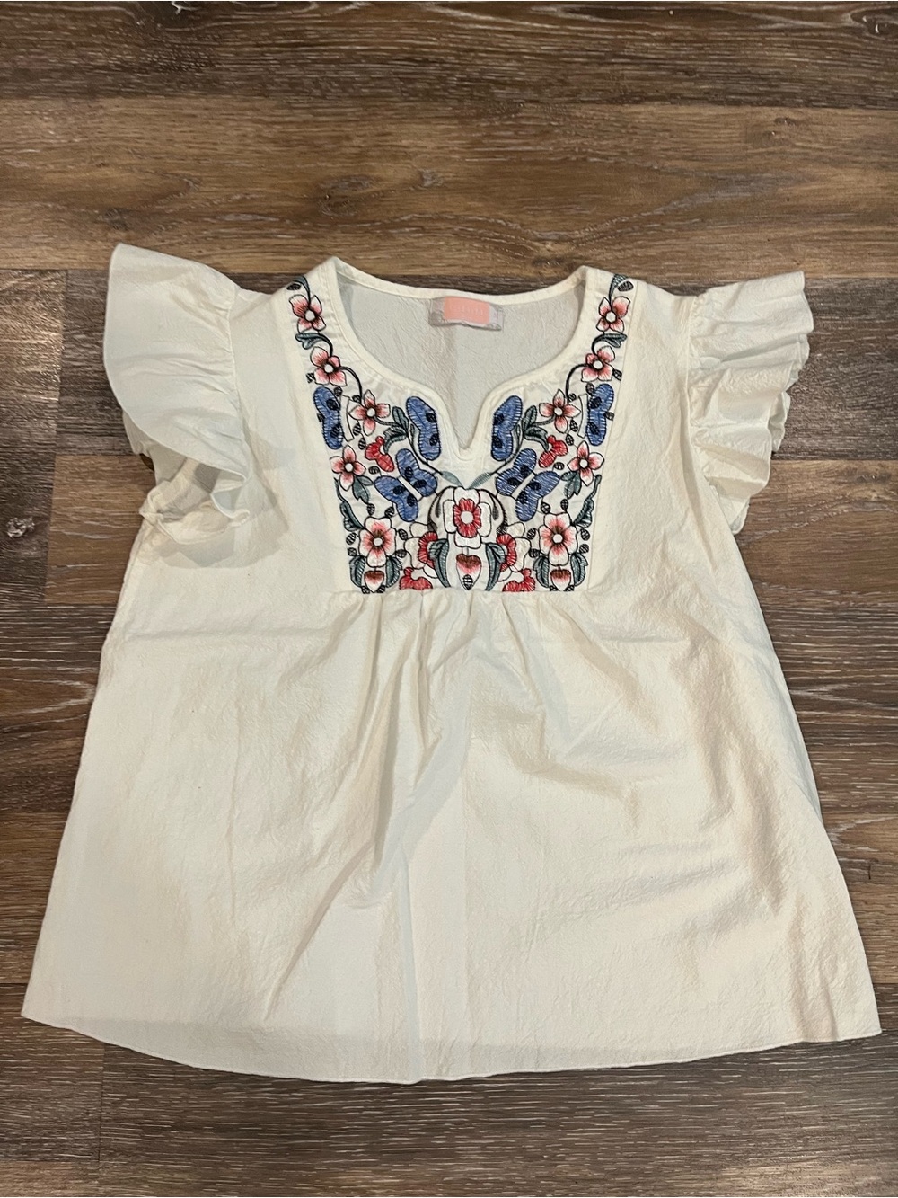 Embroidered Cream Flutter Sleeve Tunic with Blue & Pink Floral Accents